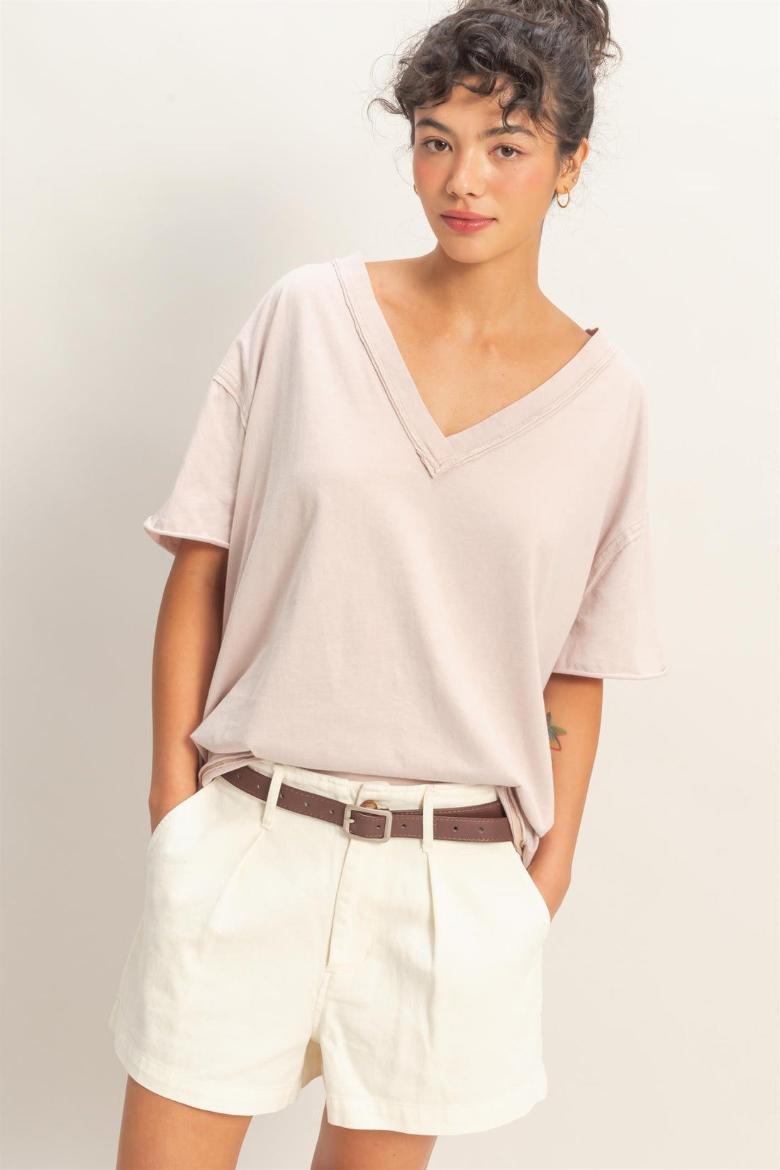 Washed V-Neck Oversized Tee