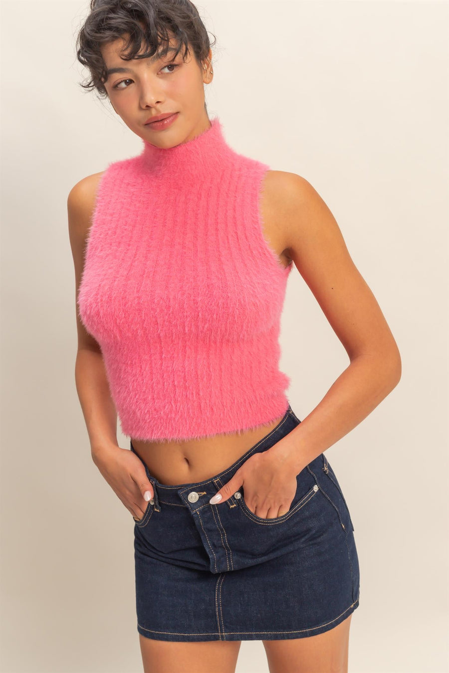Fuzzy Knit High Neck Top