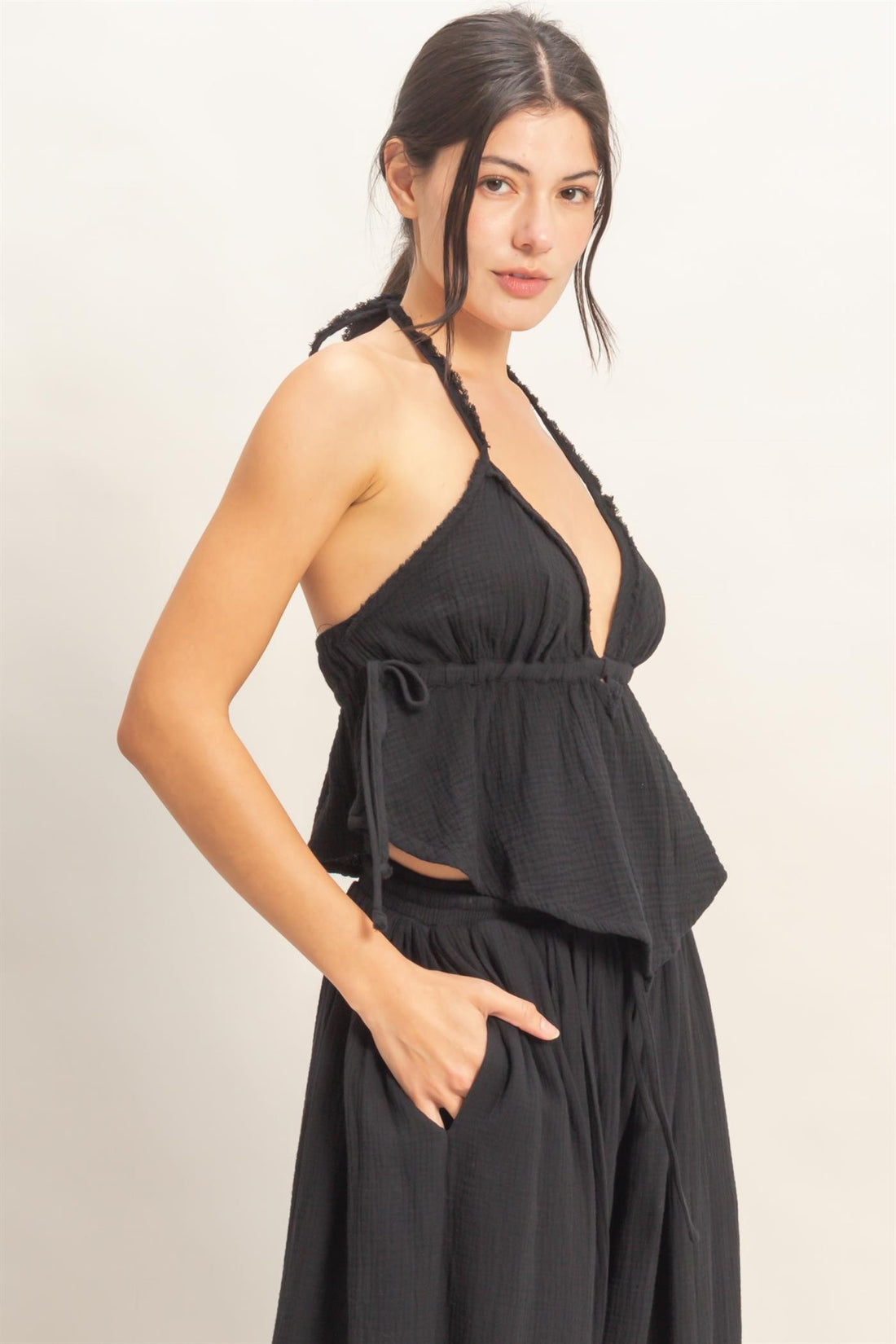 Textured Halter Tie Twist Top