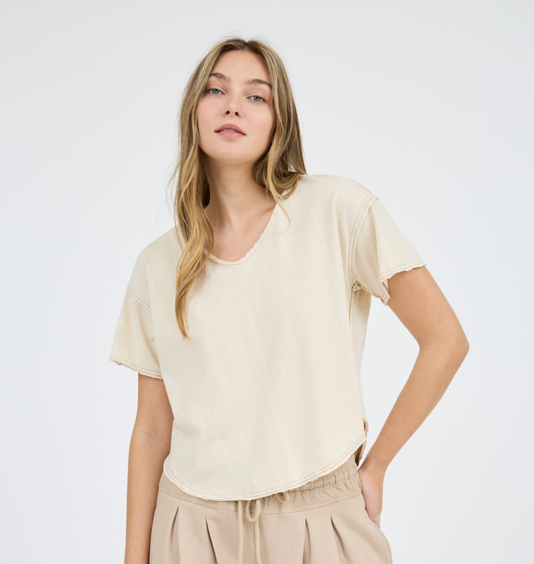 Washed Raw Edge V-Neck
